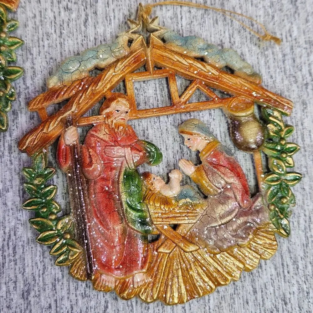 VTG 70s Christmas Tree Ornament Set of 2 Nativity Baby Jesus Mary Joseph Stable